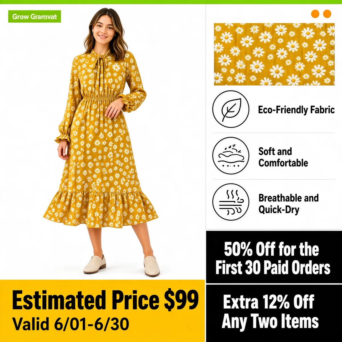 Mustard Daisy Midi Dress Spring Collection
