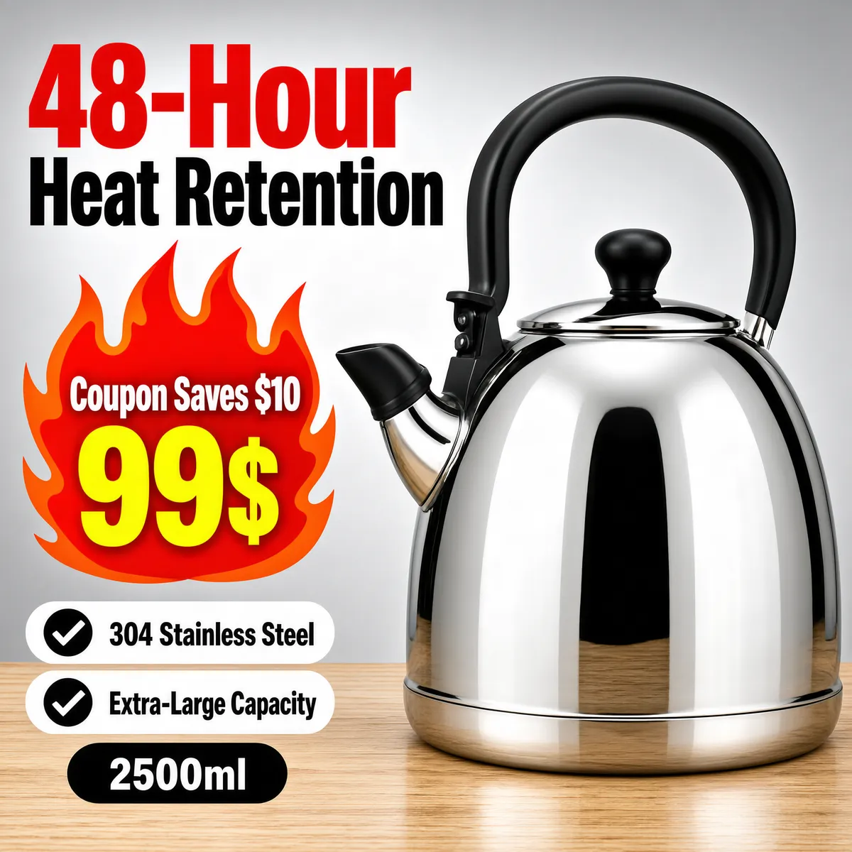 Stainless Steel Whistling Kettle 2500ml Heat Retention Deal
