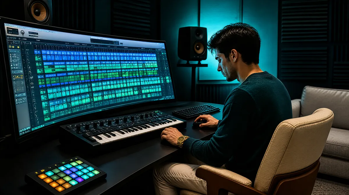 Producer in Teal-Lit Studio