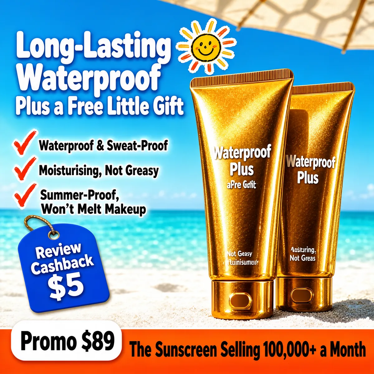 Golden Sunscreen Beach Product Shot