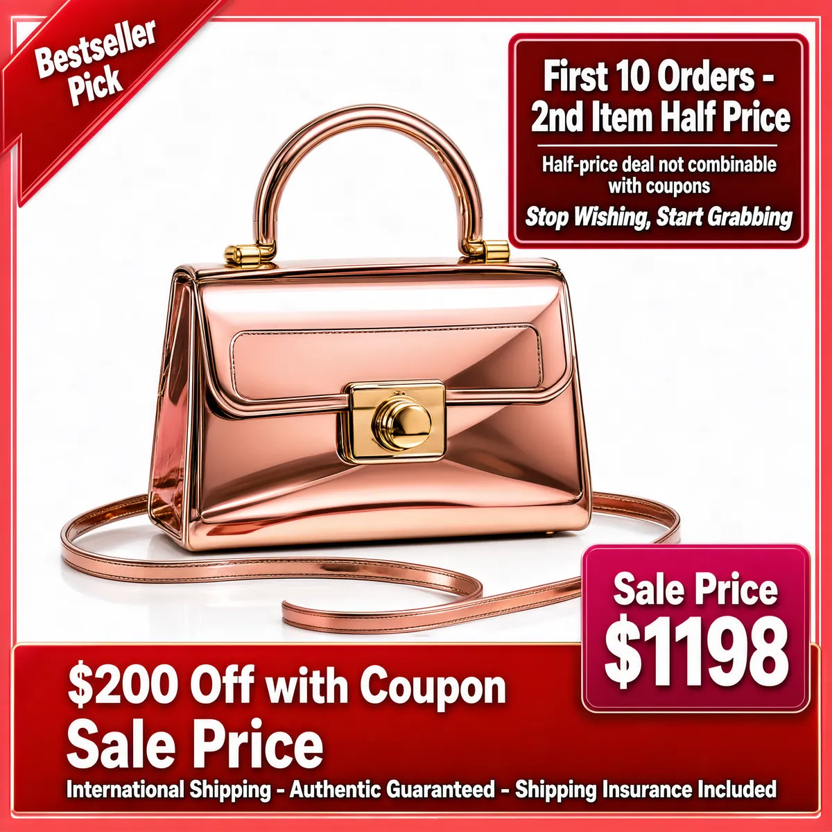 Rose Gold Metallic Top Handle Bag Sale