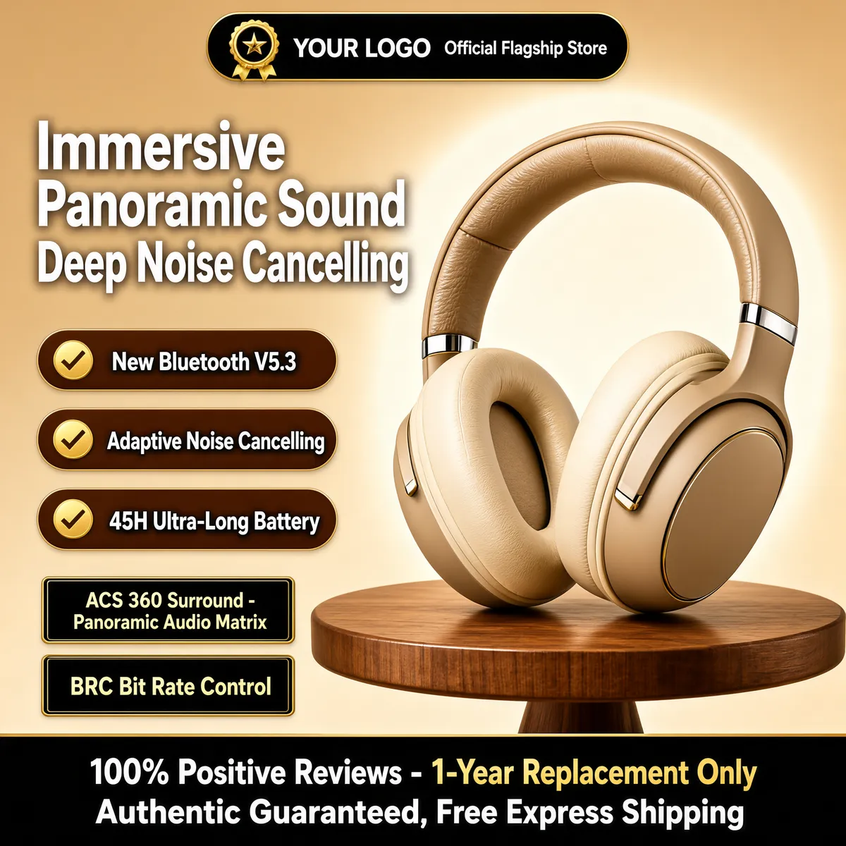 Premium Beige Wireless Headphones Product Image