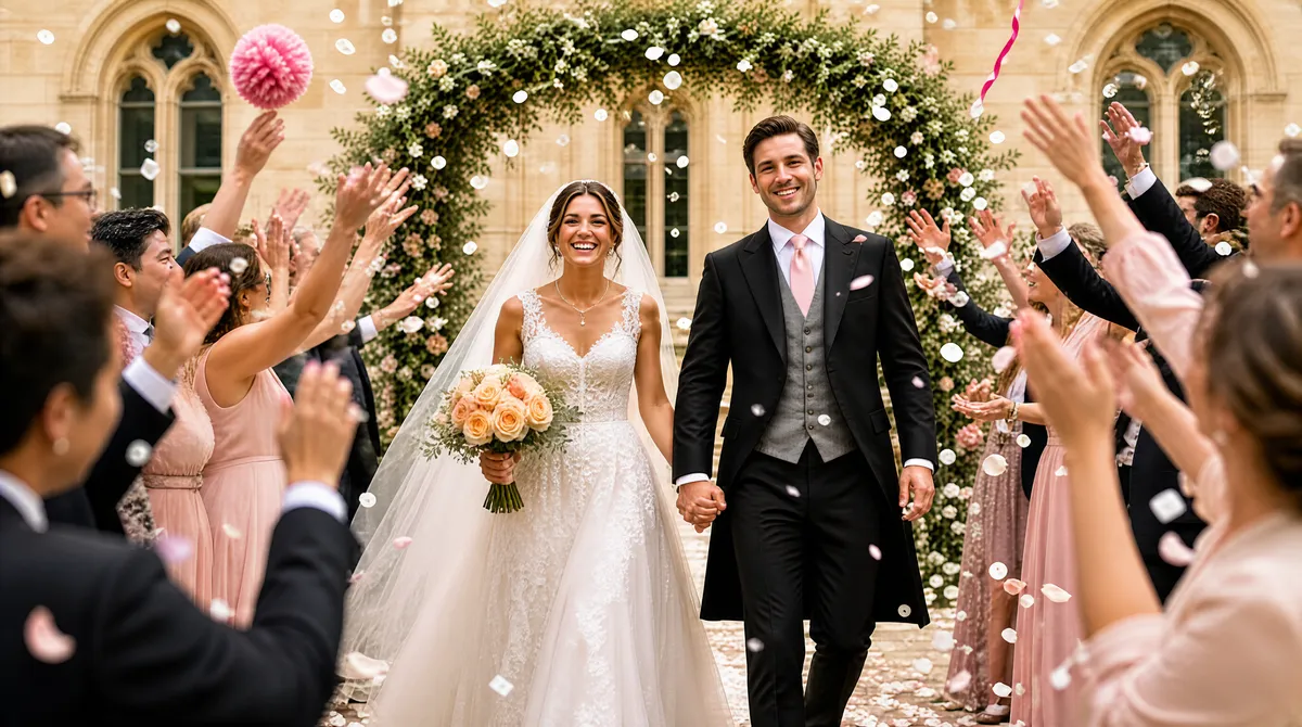 Wedding Confetti Walk Toward Camera Joyful