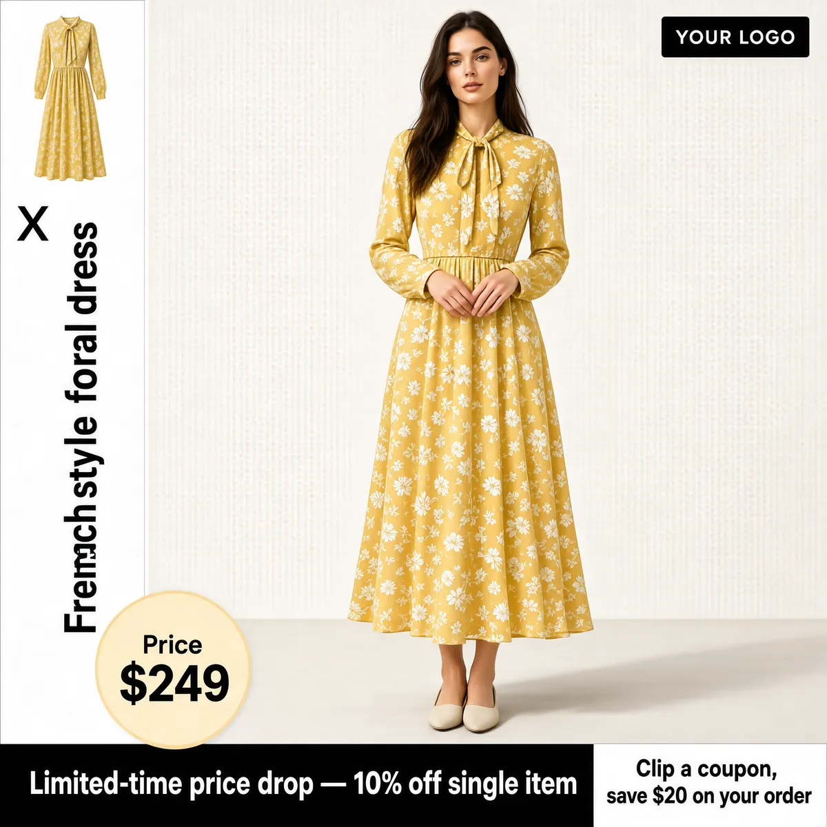 French-style Butter Yellow Floral Midi Dress