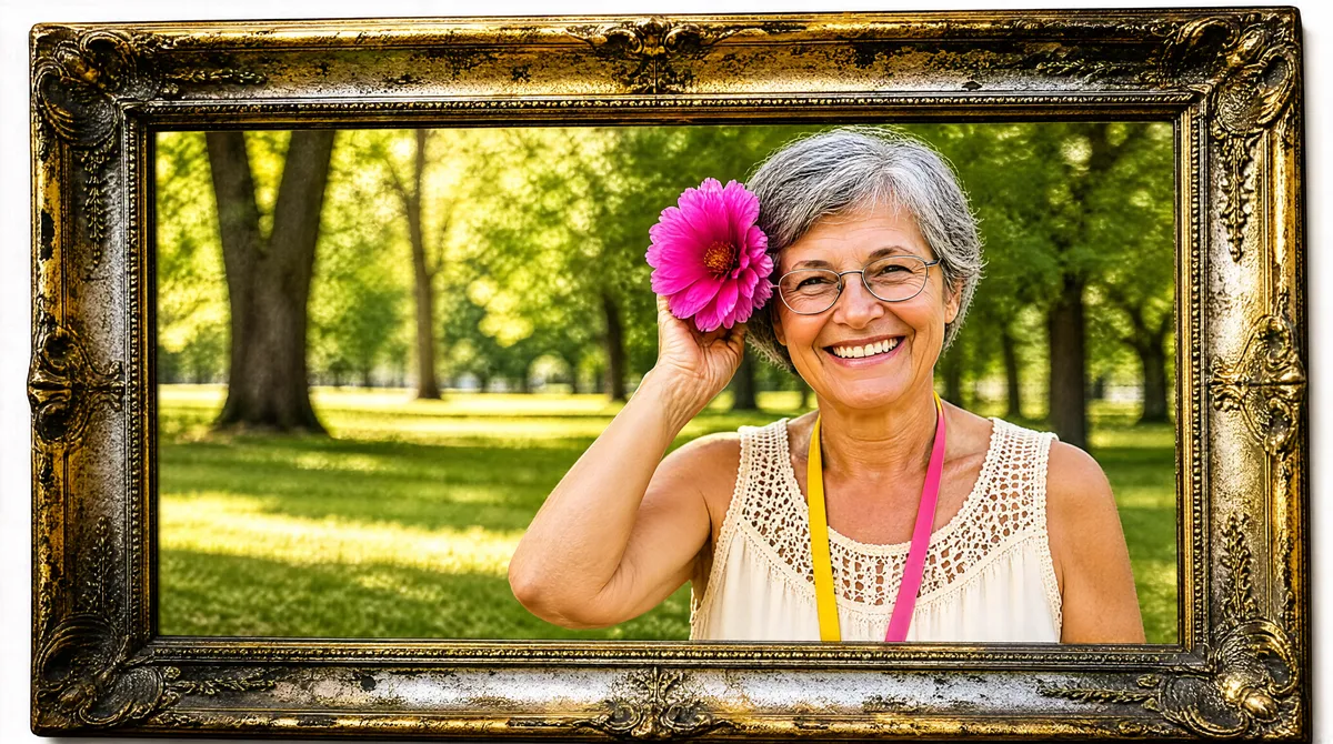Framed Portrait with Pink Flower in Sunlit Park