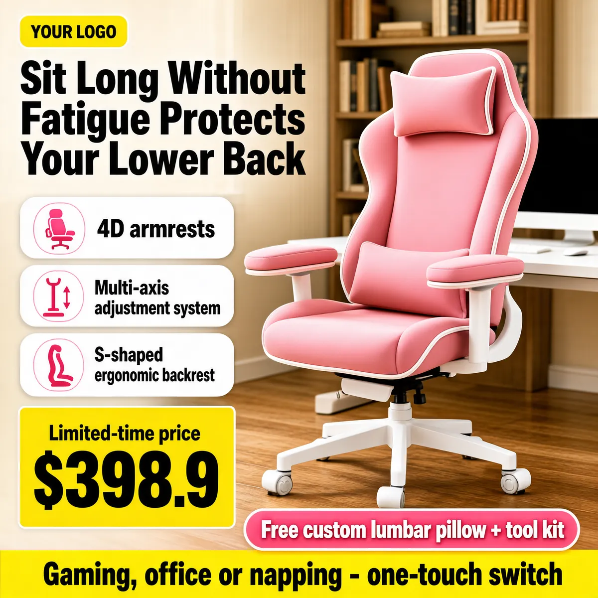 Pink Ergonomic Chair – Sit Long Without Fatigue