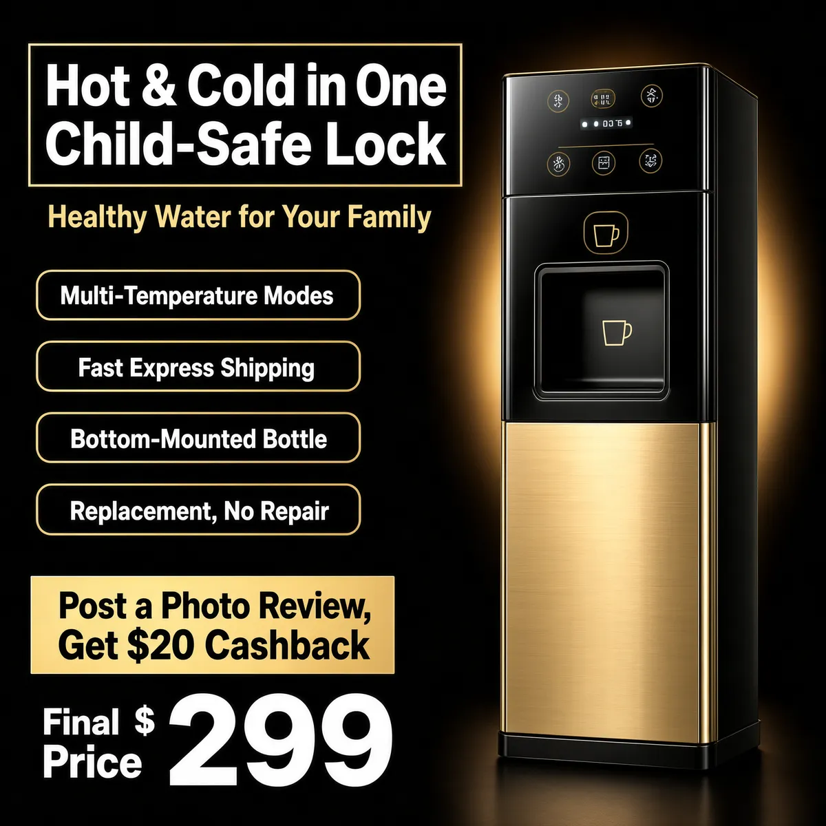Premium Black & Gold Water Dispenser