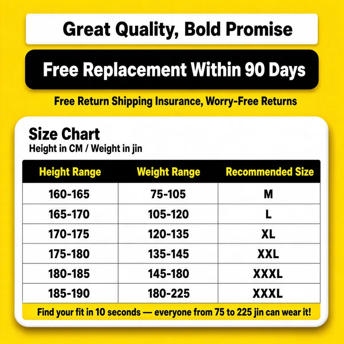 Size Chart Product Image with Bold Yellow Confidence