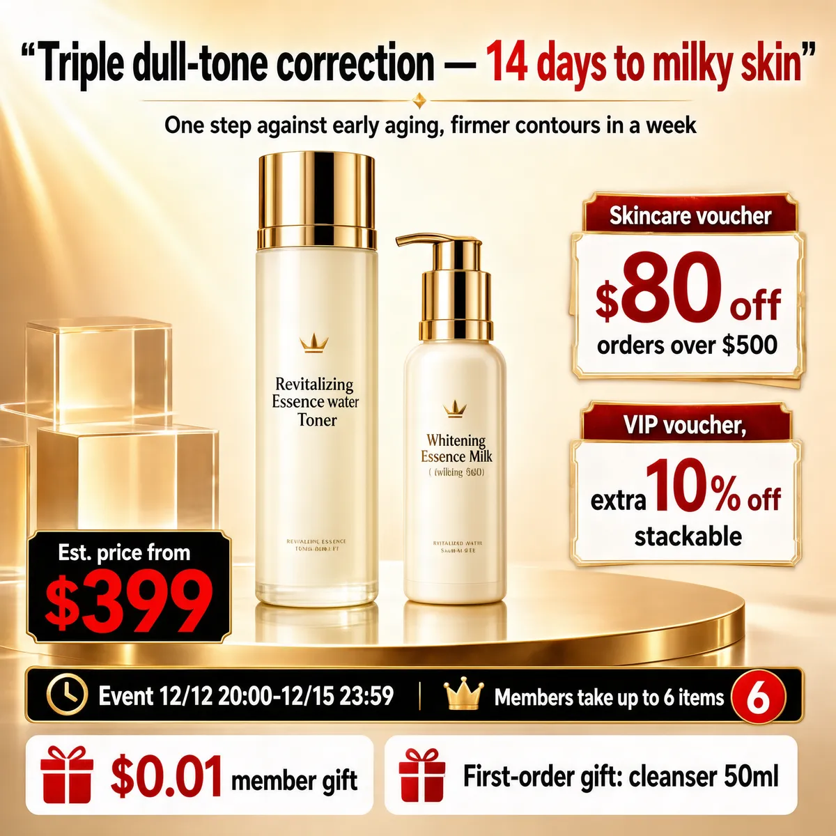 Luxury Skincare Set Promo on Champagne Gold Stage