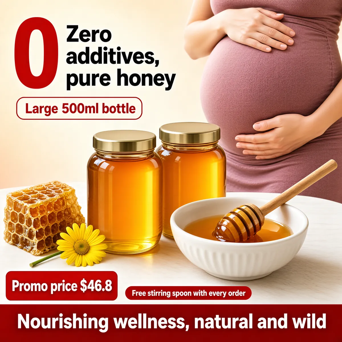 Pure Honey Product Image with Maternal Wellness Theme