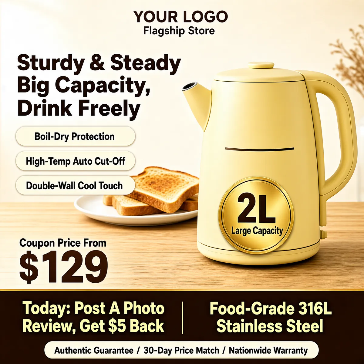 Warm 2L Electric Kettle Cozy Kitchen Promo