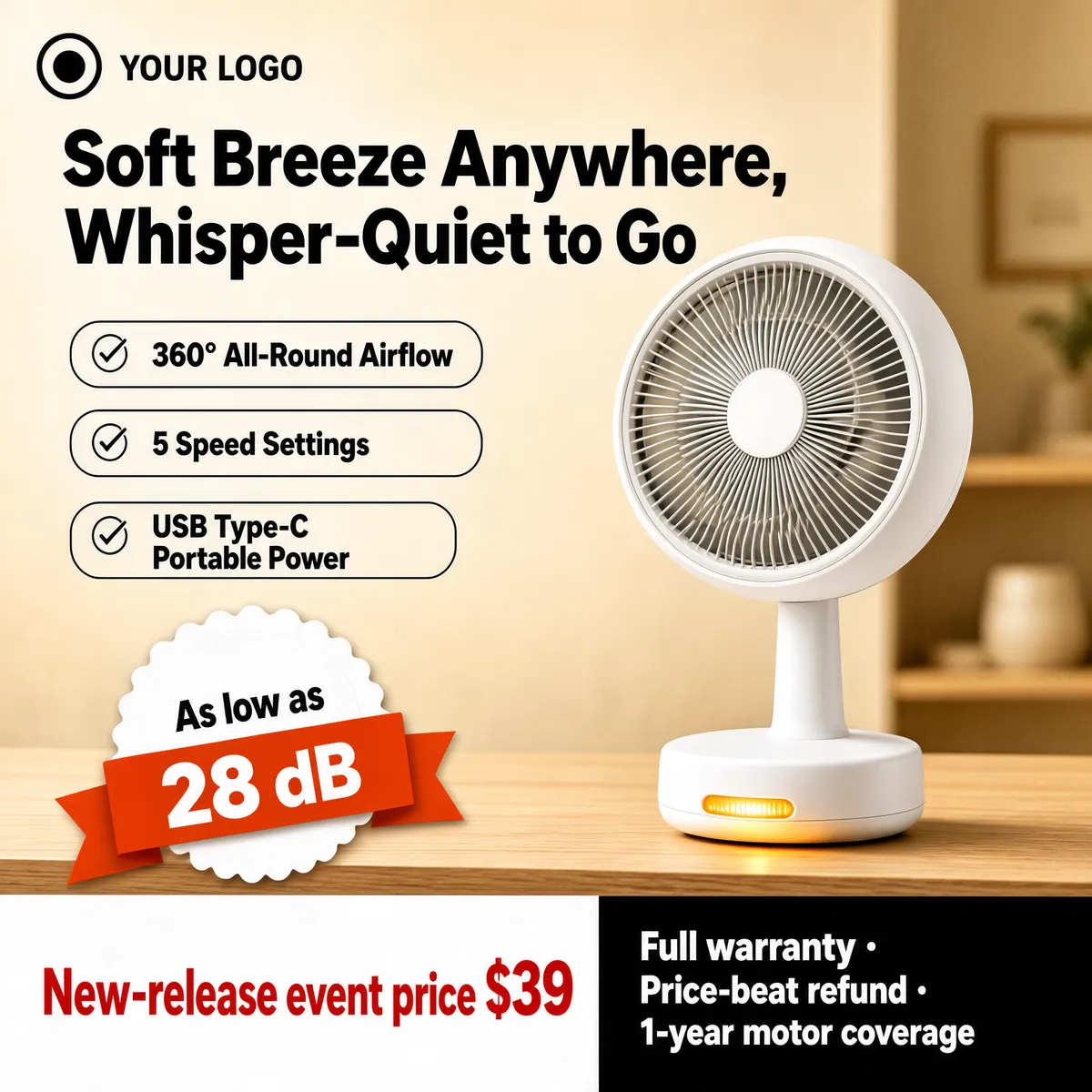 Whisper-Quiet Compact Desk Fan