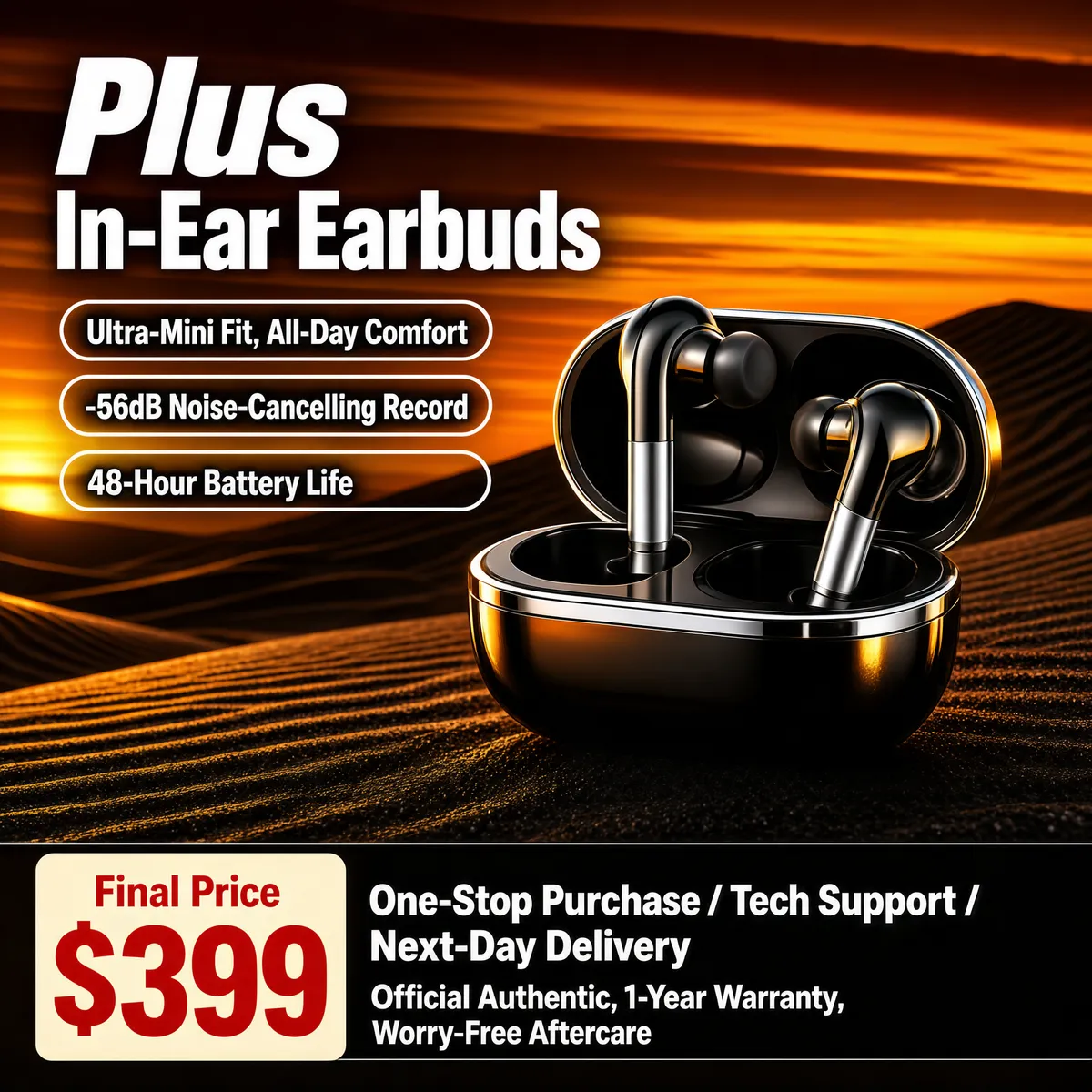 Plus In-Ear Earbuds — Sunset Tech Product Poster