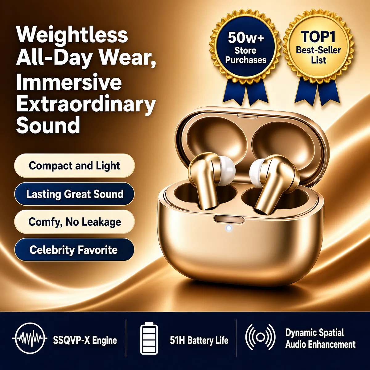 Champagne Gold Premium Wireless Earbuds