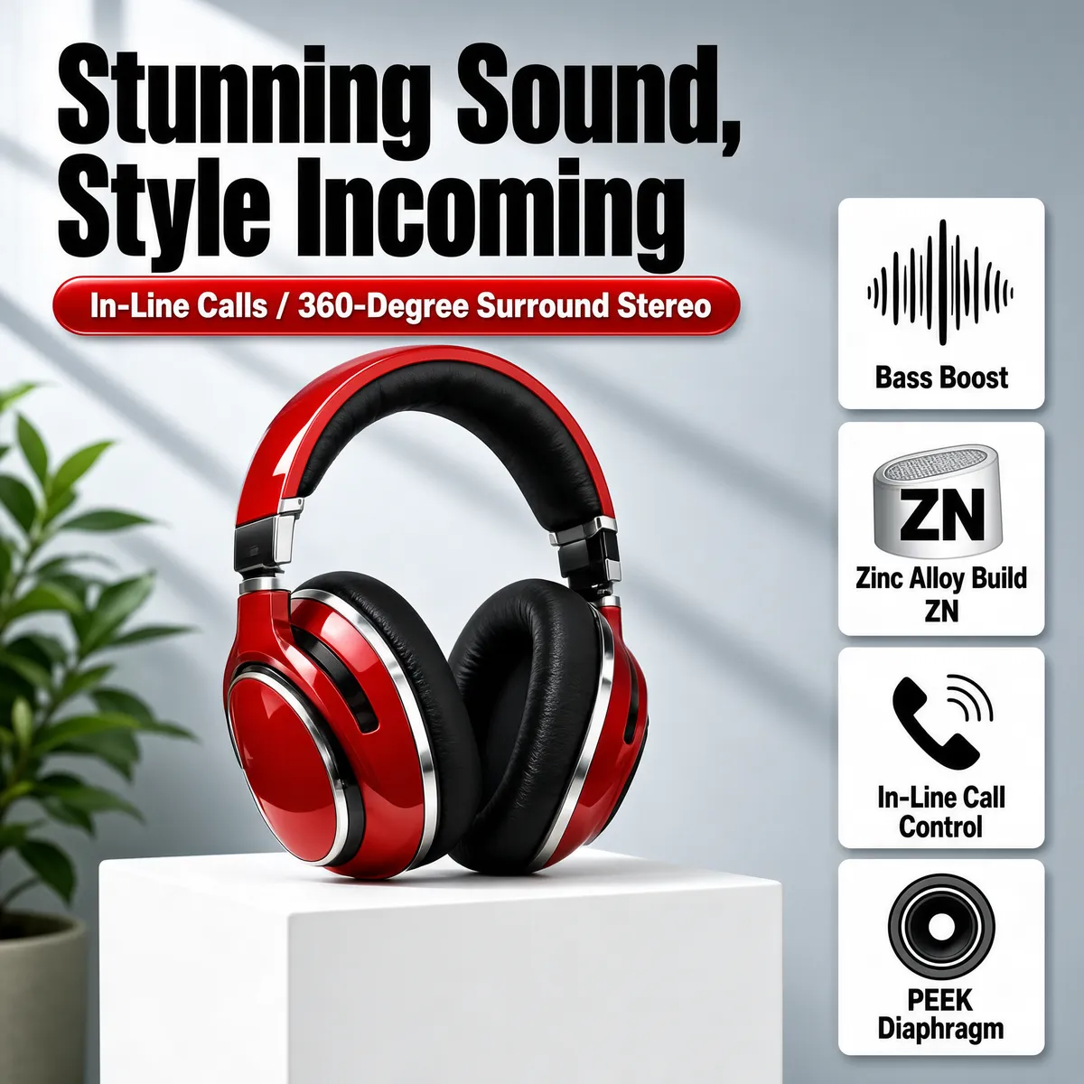 Glossy Red Over-Ear Headphones on Studio Plinth