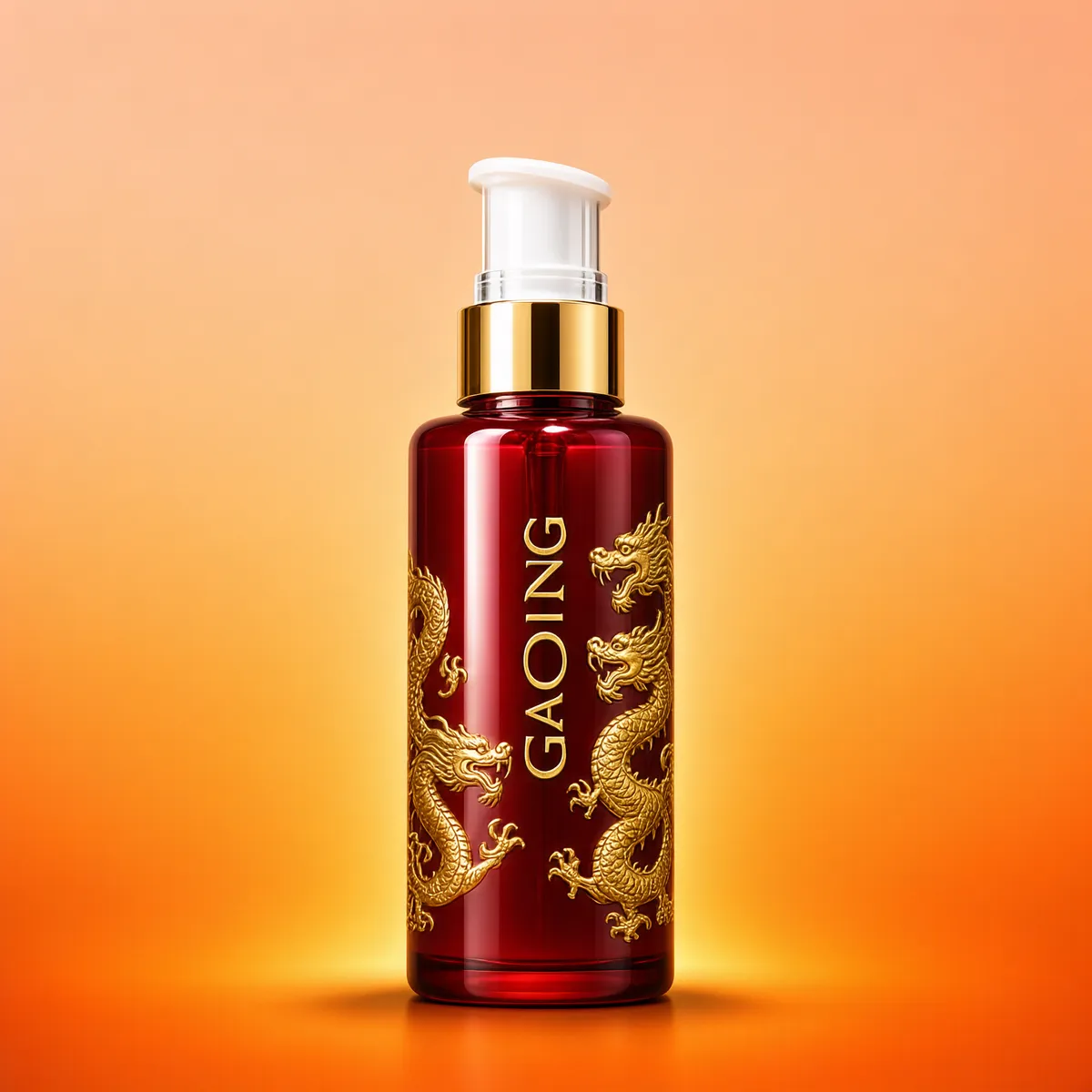 Crimson Dragon Serum Bottle on Golden Gradient