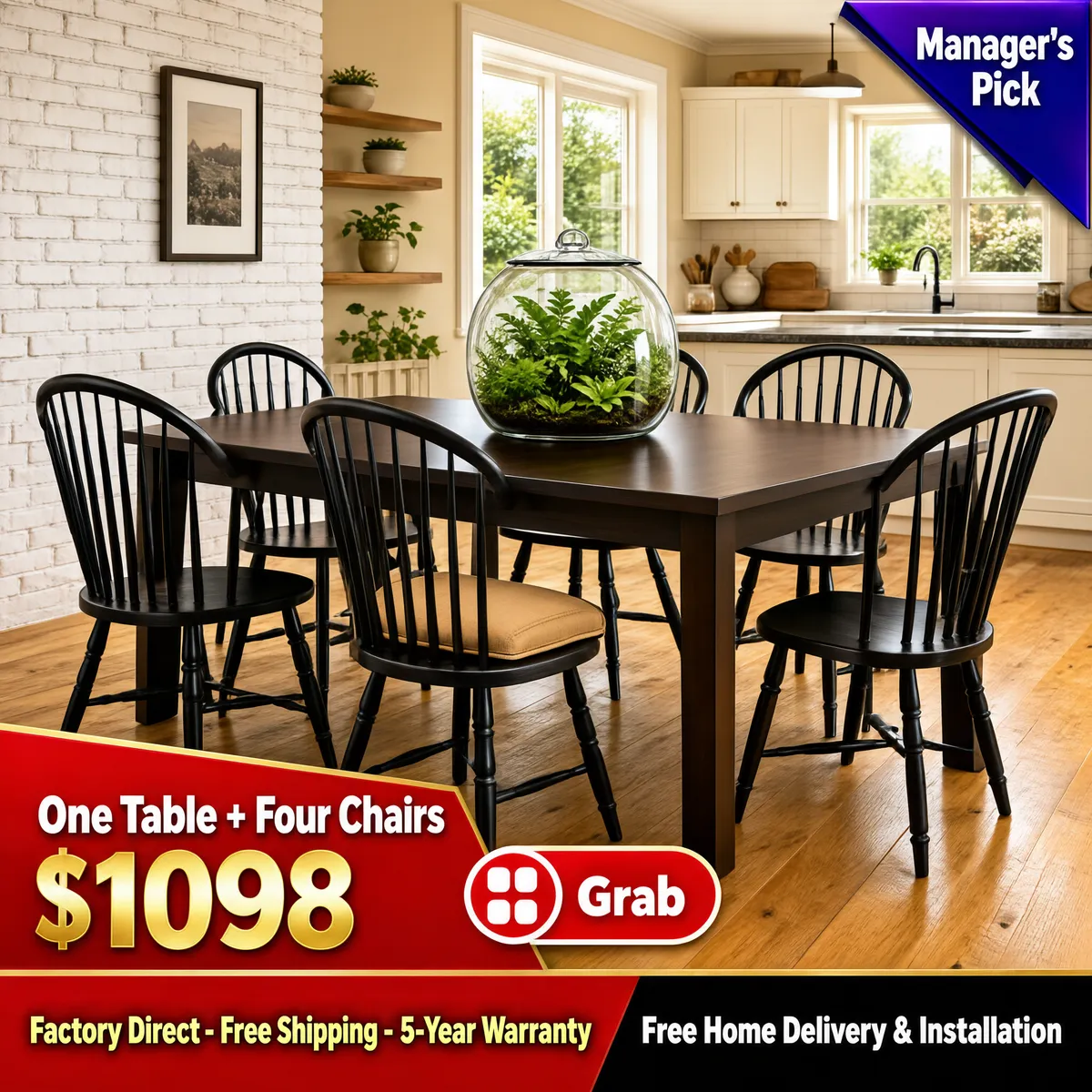 Dining Table Set with Chairs and Plants
