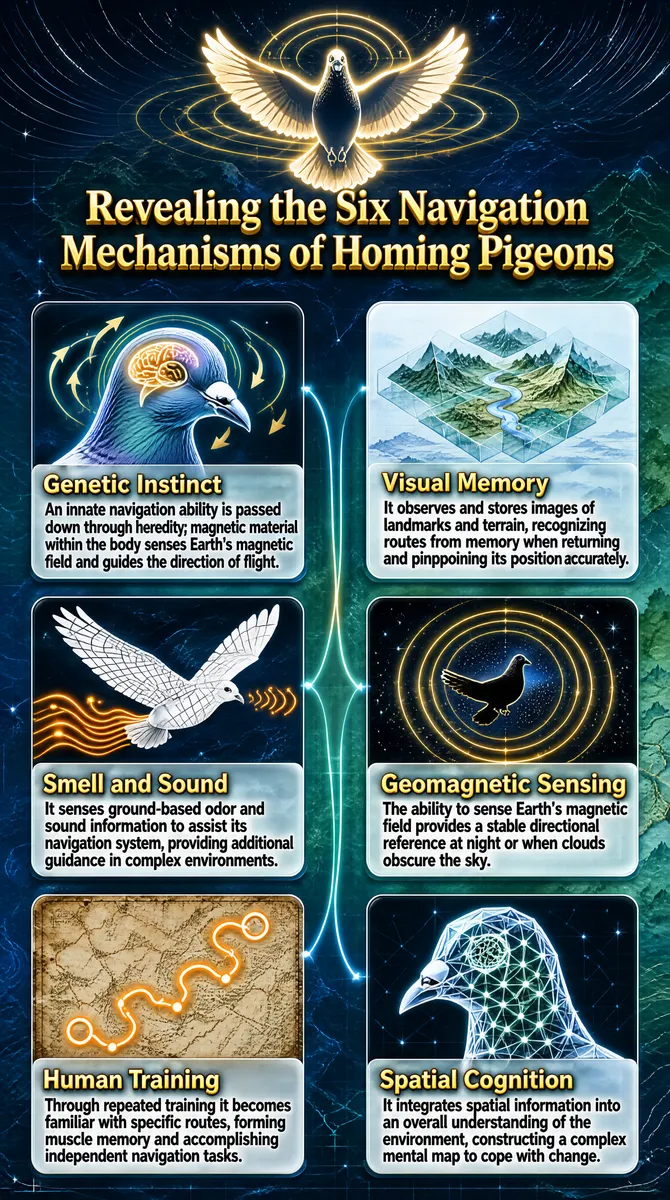 Homing Pigeon Navigation Mechanisms Infographic