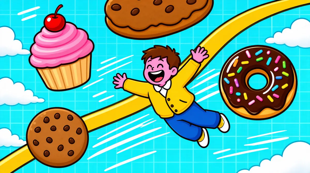 Whimsical Flying Boy Among Floating Sweets