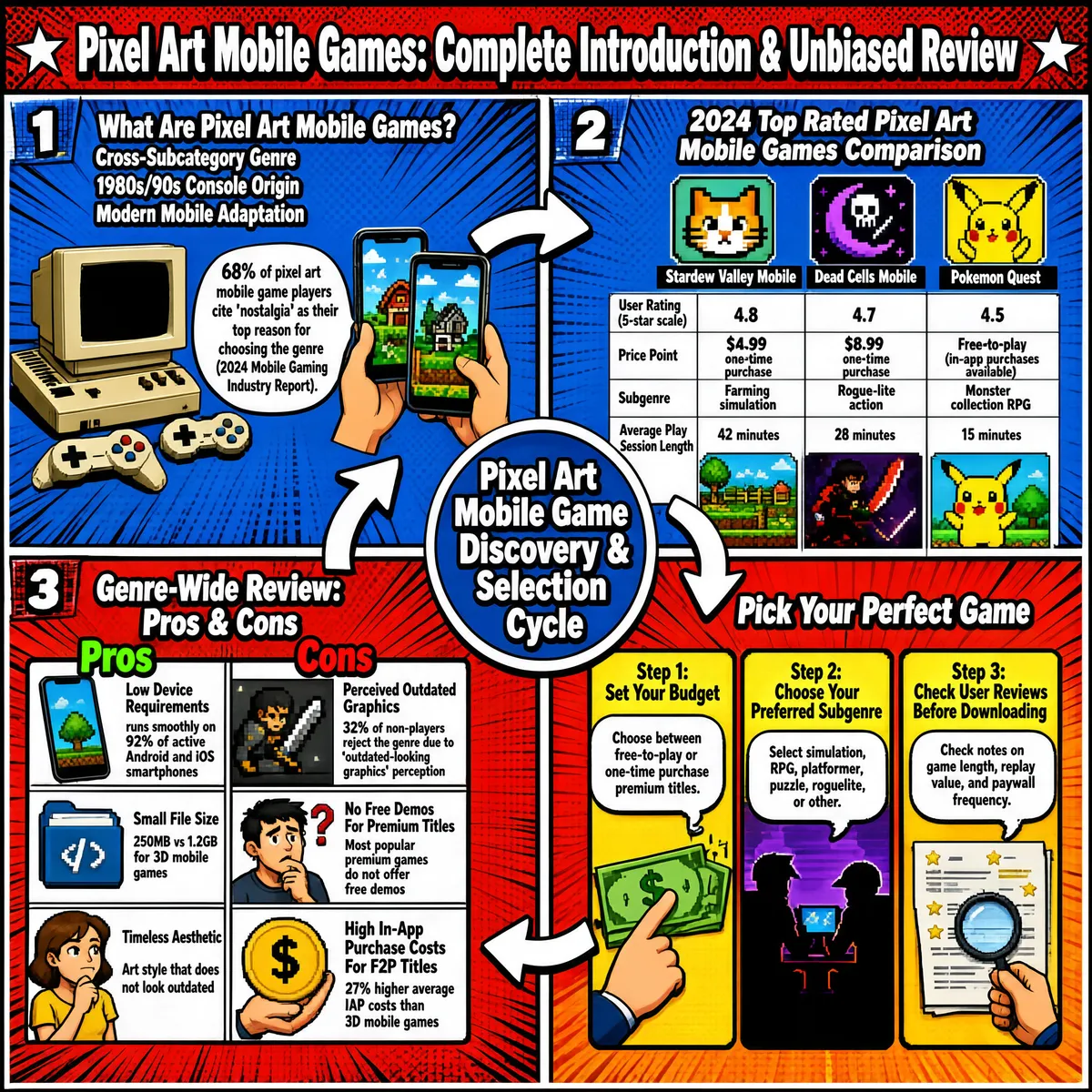 Pixel Art Mobile Games Infographic Review