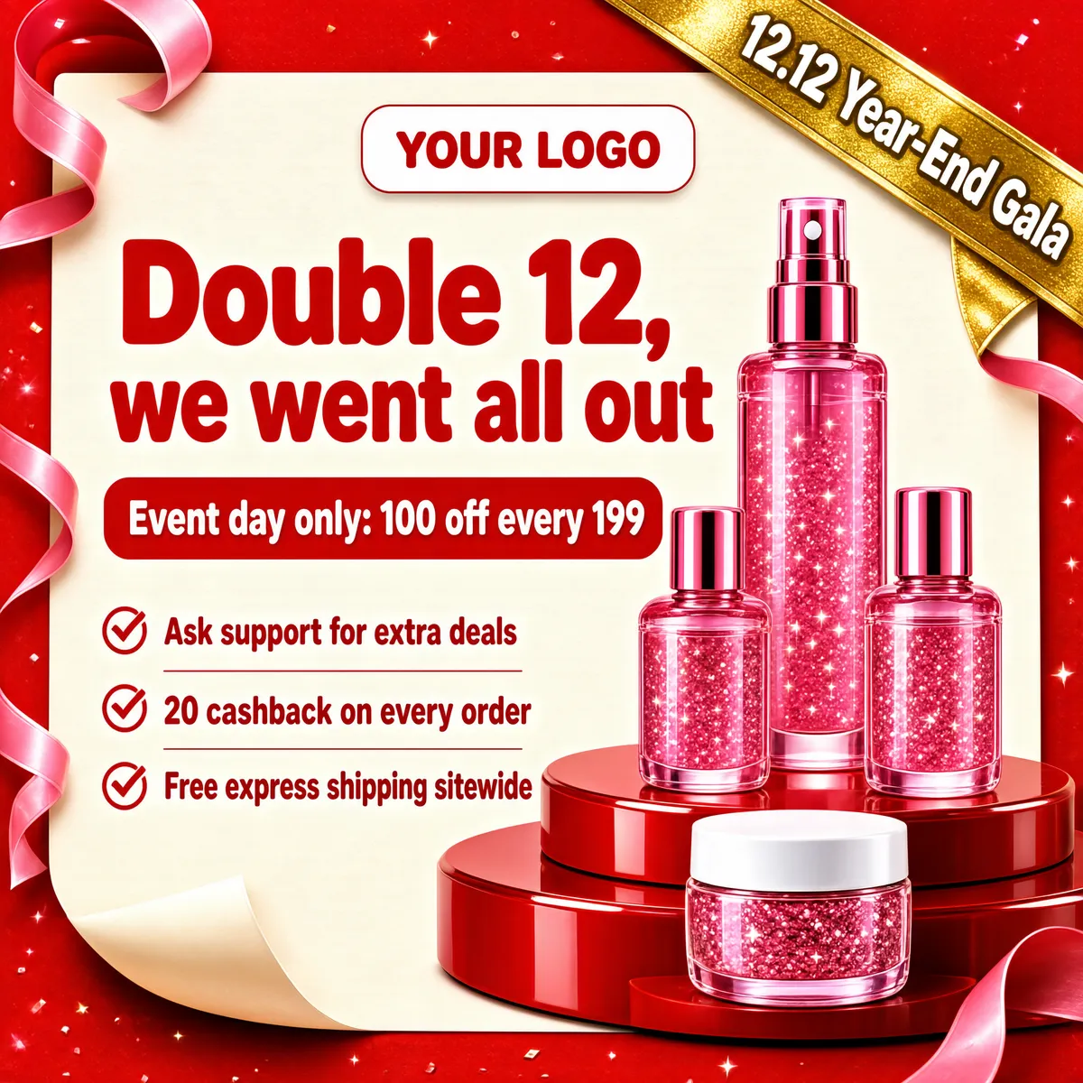 Double 12 Festive Sale with Glitter Pink Beauty Bottles