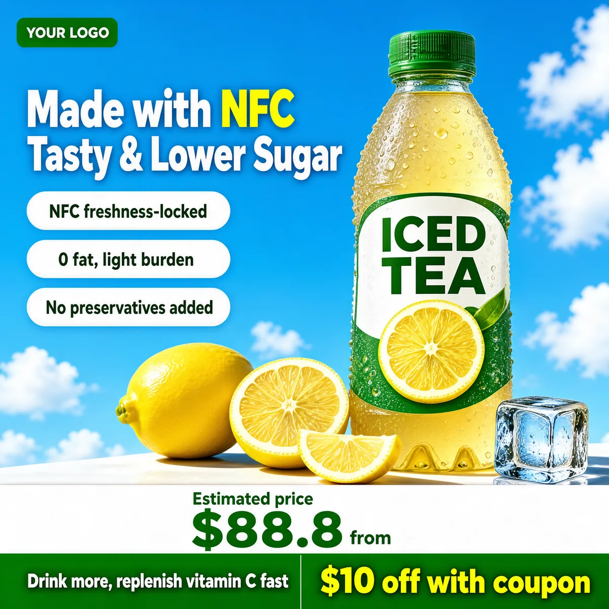 Iced Tea Bottle with Lemons and Ice, Sky Background