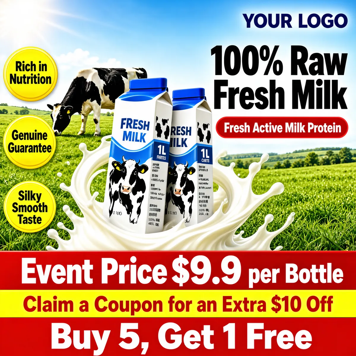 Fresh Raw Milk Cartons on Pastoral Farm Background