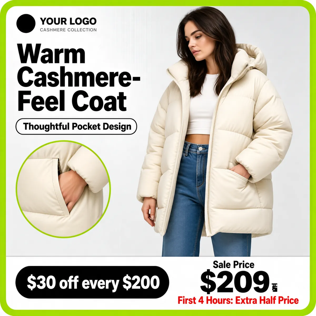 Warm Cashmere-Feel Puffer Coat Sale