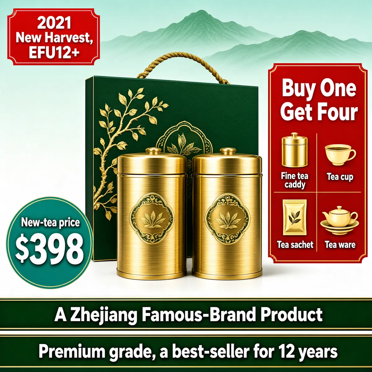 Premium Gold Tea Caddy Gift Set with Red Deal Panel