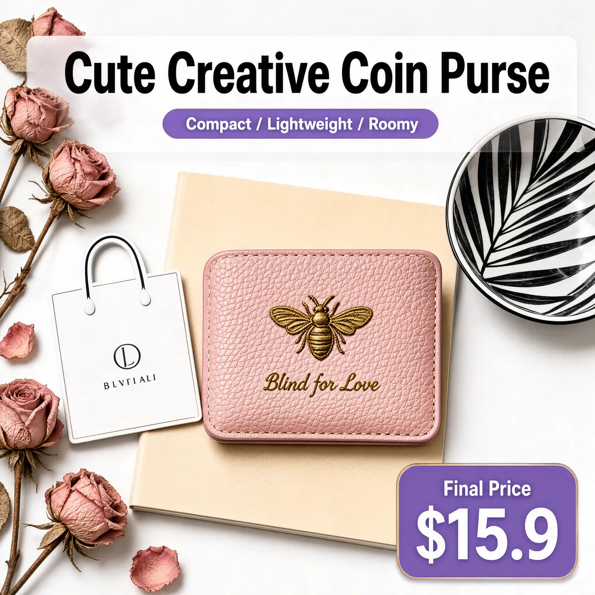 Blush Pink Bee Embroidered Card Holder