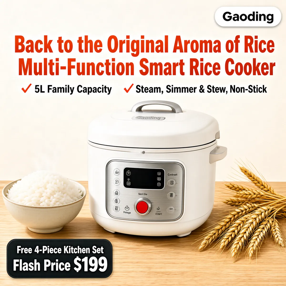 Smart Multi-Function Rice Cooker with Bowl of Fresh Rice