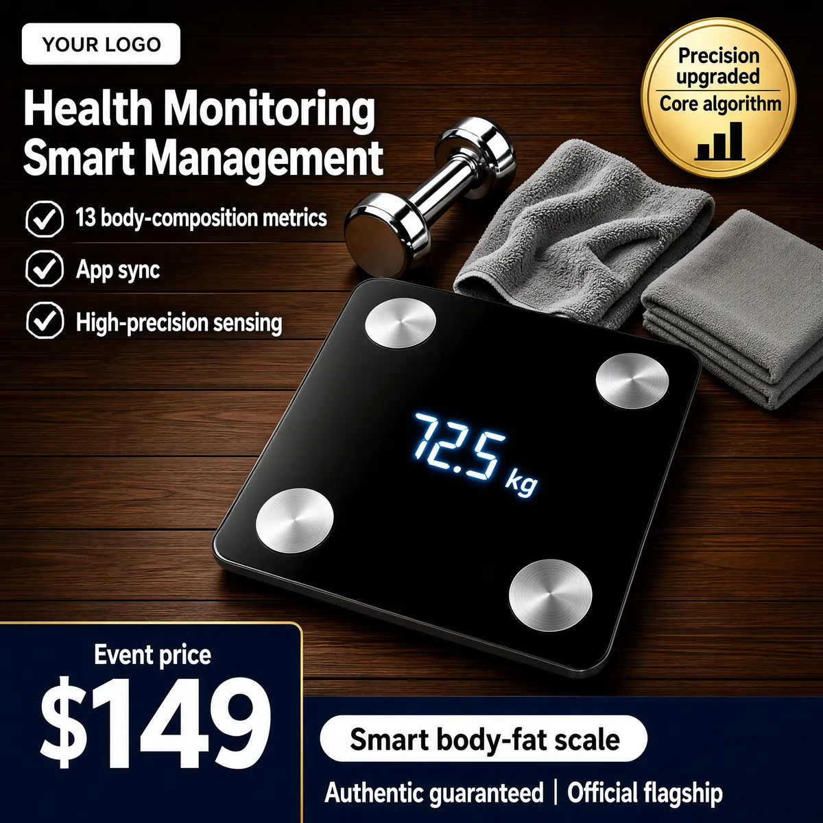 Smart Body-Fat Scale with Dumbbell on Wood