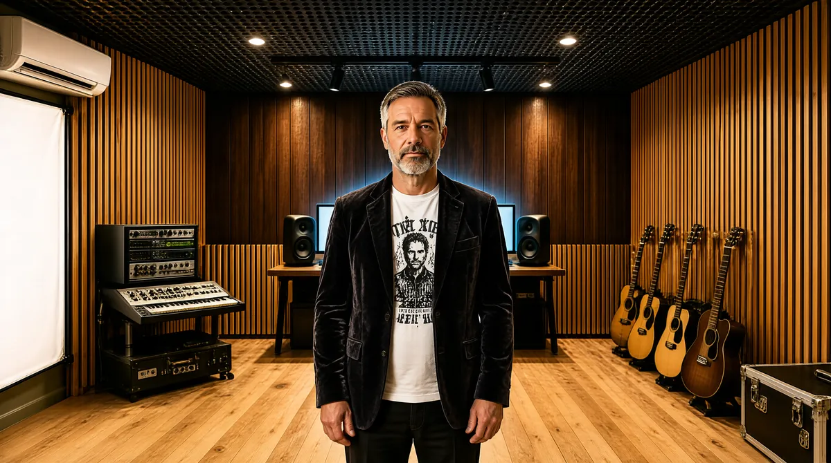 Amber-Lit Studio Portrait of a Grizzled Musician