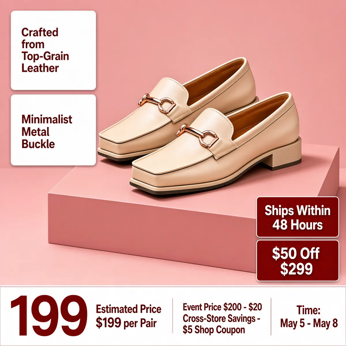 Elegant Nude Leather Loafers on Pink Podium