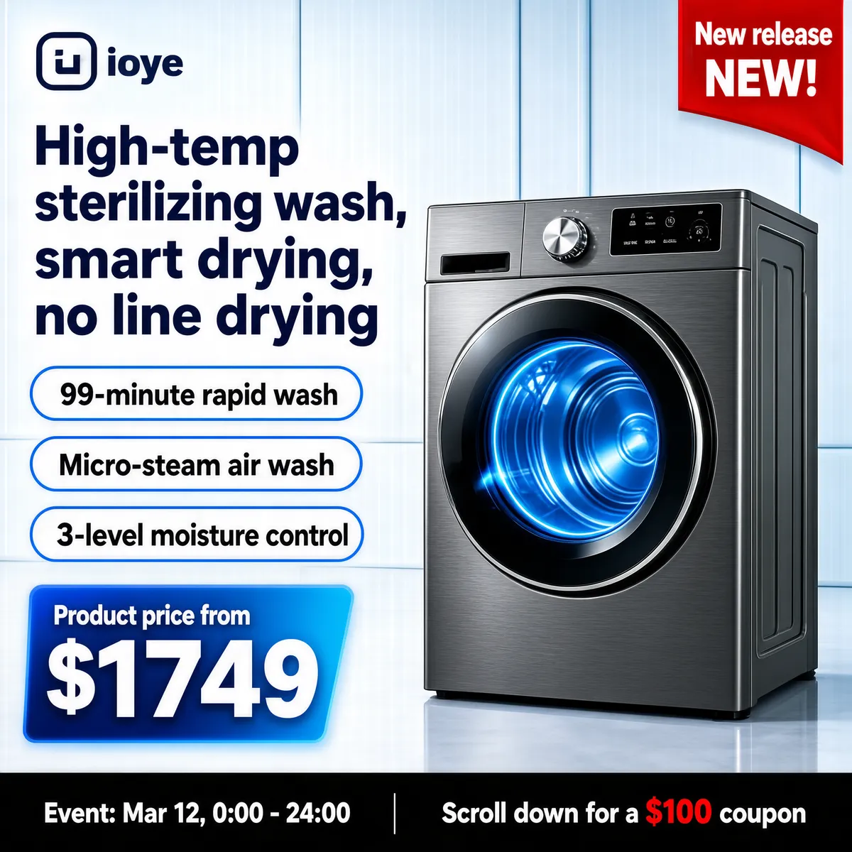 Graphite Washer Dryer with Blue Glow