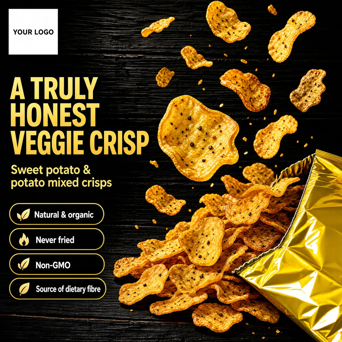 Golden Sweet Potato Crisps Spilling from Bag