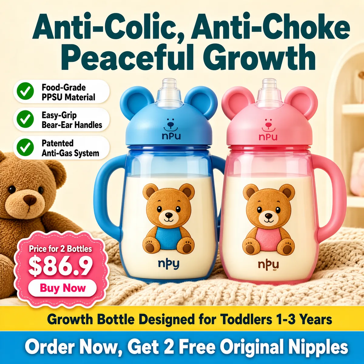 Anti-Colic Bear-Ear Baby Bottle Set