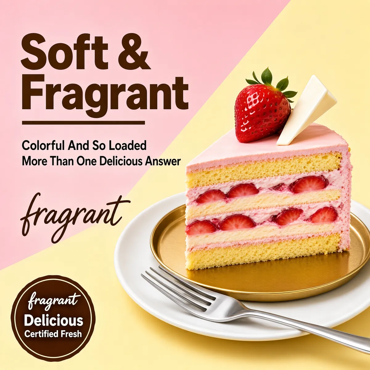Strawberry Cream Cake Slice on Gold Tray