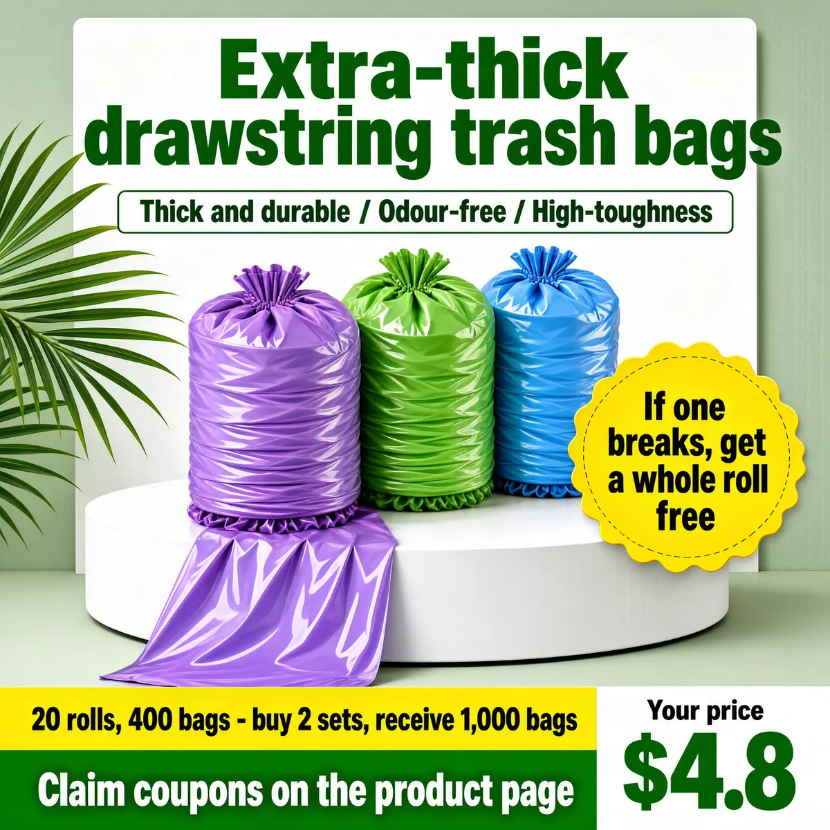Extra-Thick Drawstring Trash Bags Trio