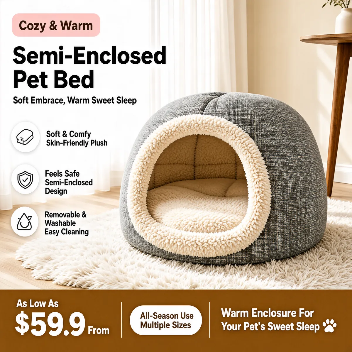 Cozy Semi-Enclosed Cave Pet Bed