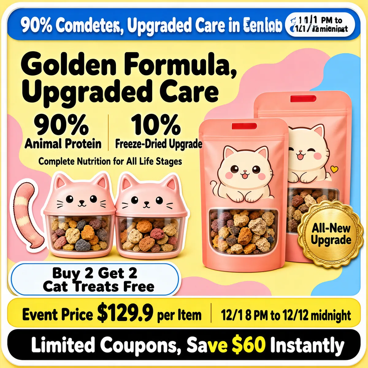 Kawaii Cat Food Promo with Pastel Pouches