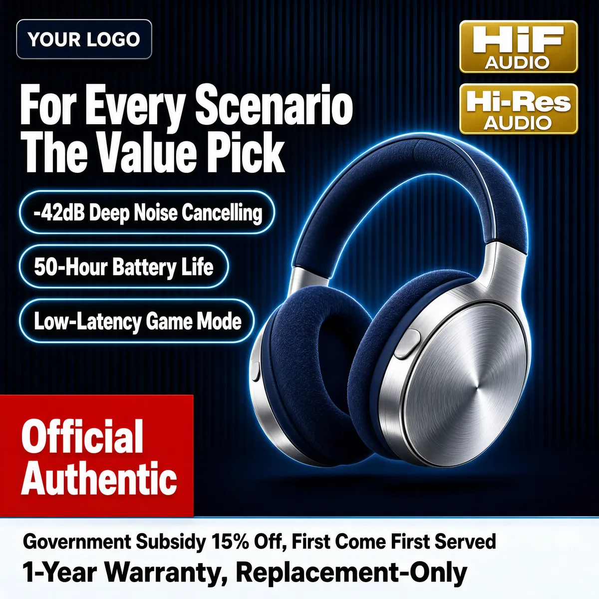 HiFi Wireless Headphones – Navy Premium Promo