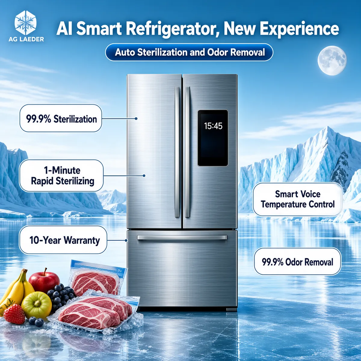AI Smart Refrigerator — Futuristic Arctic Display