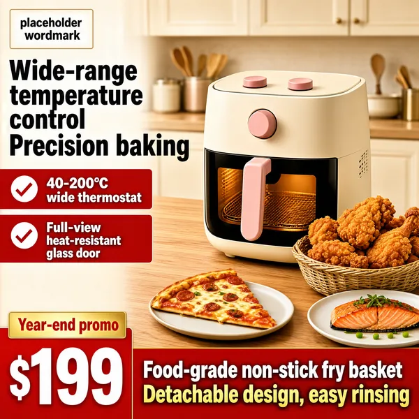 [Format]
Professional e-commerce product main image, square 1:1, bright kitchen-appliance promo style with a cream fryer hero on a warm timber counter.

[Colors]
Cream-and-tan kitchen backdrop with soft cabinets and utensil pots blurred behind; the fryer supplies warm cream with blush-pink handle and knobs; red check rows and price panel; a red footer band.

[Layout]
Top-left: a small logo tile with a placeholder wordmark. Left column: a two-line title, then two red check rows. Centre-right: the fryer standing on the wooden counter with a basket of fried chicken beside it and plated dishes at the edges. Bottom: a red price block on the left and a red feature band on the right.

[Subject]
A square cream-coloured air fryer with a wide glass viewing door, blush-pink pull handle and two pink control knobs on the top panel, warm interior light glowing through the door, standing on a light timber counter beside a woven basket of golden fried chicken, a slice of pizza and a plate of salmon in the foreground, bright appetizing kitchen light. No people.

[Headline]
Title in heavy dark caps: "Wide-range temperature control" and "Precision baking". Red check rows in white: "40-200°C wide thermostat" and "Full-view heat-resistant glass door". Bottom red block: "Year-end promo" in a gold tab above a giant white "$199". Right band: "Food-grade non-stick fry basket" in white above "Detachable design, easy rinsing" in bold gold.

[Badges]
The two red check rows.

[Mood]
Warm, family-friendly and appetite-rich; cream appliance coziness with red promo urgency.