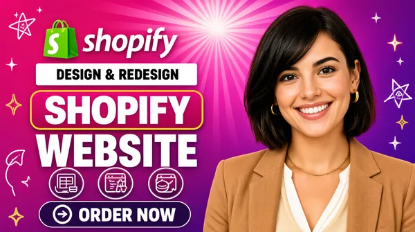 [Format]
Professional Fiverr gig cover, landscape 16:9 banner. Glossy magenta-and-violet e-commerce advertising style over a radial burst ground. Saturated, energetic and premium. No watermark, no personal names.

[Layout]
A vivid magenta-to-purple gradient background with a soft radial sunburst of lighter rays emanating from the upper centre and faint star sparkles scattered across the field. Thin white line doodles - a small circle, a squiggle, tiny rings - float in the negative space at the edges. The left half carries the logo and headline stack; the subject occupies the right third and bleeds off the right edge.

[Subject]
Right third: a young white / Caucasian woman with a chin-length dark bob and a side-swept fringe, small gold hoop earrings and a fine gold chain necklace, a bright open smile, wearing a tan camel blazer over a cream top with a white blouse beneath. Warm frontal light, sharp focus, looking straight at the camera.

[Headline]
Stacked on the left, centre-aligned: the "shopify" lockup at the top - the green shopping-bag glyph followed by the white lowercase wordmark; beneath it "DESIGN & REDESIGN" in black caps inside a white rectangle; then "SHOPIFY" in very heavy white caps set inside a magenta rounded slab with a thin yellow outline; then "WEBSITE" in very heavy white condensed caps; and at the bottom a dark purple rounded pill carrying a white arrow-in-circle glyph and "ORDER NOW" in bold white caps.

[Badges]
Between the headline and the order pill, a centred row of three round white tile badges: a blue diamond-grid mark, the green Shopify bag mark, and an orange-and-yellow angle-arrow mark.

[Mood]
Bright, commercial and confident; a saturated magenta burst with a clean white-and-green platform lockup and a friendly human anchor.