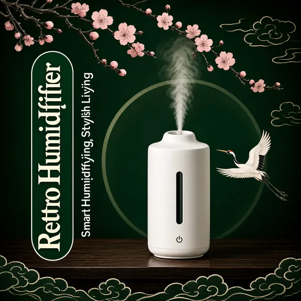 [Format]
Professional e-commerce product main image, square 1:1, vintage oriental-teahouse style with ink-line clouds and blossom motifs.

[Colors]
Background is a deep pine green in the #1d4a3c range, darker at the corners, with a dark wood tabletop band across the lower quarter. Accents are cream-white on the vertical title pill, soft pink plum blossoms, and a pale hand-drawn cloud pattern in cream running along the bottom edge. No frame border.

[Layout]
A tall rounded vertical pill on the left carries the product name in stacked lettering. A thinner vertical caption line of white text runs beside it. The humidifier stands centre-right on the wood surface inside a large circular tonal ring. Decorative blossom branches reach in from the top and a small crane figure glides across the middle.

[Subject]
A matte white cylindrical ultrasonic humidifier with a slim black level window and a small power glyph at its base, releasing a soft plume of visible mist from the top spout; it sits on a dark wood table edge. Pink plum-blossom sprigs arch above it and a stylised white crane with black wing tips flies beside it. No people.

[Headline]
Left vertical pill, outlined in white with cream characters stacked top to bottom: "Retro Humidifier". Beside it, a slim vertical line of white text: "Smart Humidifying, Stylish Living". No other copy, letting the product and decorations carry the frame.

[Mood]
Calm, poetic and gallery-quiet; deep green lacquer tones, blossom-and-crane elegance, spa-like mist and unhurried negative space.