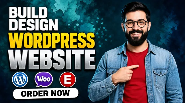 [Format]
Professional Fiverr gig cover, landscape 16:9 banner. Dark textured advertising style with bold stacked display type. No watermark, no personal names.

[Layout]
A deep teal-navy background with a mottled watercolour-bokeh texture, slightly lighter toward the upper left. The left half is a stacked headline block; the subject fills the right half from waist up.

[Subject]
Right side, waist-up: a young white / Caucasian man with short black hair, black round glasses and a full dark beard, wearing a light-blue denim shirt-jacket open over a red t-shirt, smiling warmly and pointing at his own chest with his right index finger. No text or watermark on the subject.

[Headline]
Stacked on the left: "BUILD / DESIGN" in heavy white caps; then "WORDPRESS" in very large yellow heavy caps with a subtle textured fill and dark outline; then "WEBSITE" in enormous silver-white heavy caps with a metallic sheen and dark outline. Beneath, a row of four round app icons: the WordPress blue-and-white circle, the purple WooCommerce speech-bubble mark, the multicolour Figma mark and the red Elementor circle with a white "E". Under that, a white rounded pill sticker set at a slight tilt with "ORDER NOW" in heavy black caps.

[Mood]
Confident and approachable; dark moody teal ground with glowing yellow and metallic type, friendly human presence pointing to himself on the right.