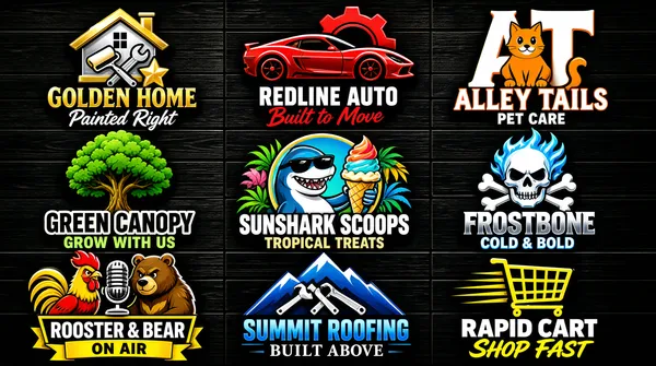 [Format]
Landscape 16:9 gig cover, showcase wall of nine bold mascot-and-icon logos on a black wood-plank texture. Rich vector-cartoon finish with drop shadows. No watermark, no personal names.

[Layout]
A dark wood background with a 3x3 grid of nine finished logos, each centred in its cell. Reading order: a gold-and-silver house with a paint roller, wrench and star over gold serif caps and a white script sub-line; a red sports-car outline with a red gear over white serif caps and a red script tagline; an orange cat sitting inside the counter of a big white A and T, white and orange caps with a small caps tagline; a green tree with leafy crown over dark caps and a green caps slogan; a cartoon shark in sunglasses holding an ice-cream cone in a tropical round badge over white and tan caps; a flaming blue-and-white skull and crossbones over silver caps and a blue-and-white sub-line; a rooster and bear mascots flanking a microphone on a yellow-banner crest over white caps and a yellow ribbon word; blue mountain roofs with tools over a blue gradient wordmark and grey serif sub-line; a yellow shopping cart with motion lines over white caps and a yellow script suffix.

[Subject]
None — mascot illustrations only.

[Headline]
Every cell is a different invented business lockup (placeholder copy, no real brands): mascot or icon plus a bold name, most with a one-line tagline, styled as listed above.

[Badges]
None.

[Mood]
Saturated gold, red, green and blue pops on near-black wood; loud small-business energy. Nine distinct bright marks guarantee thumbnail readability.