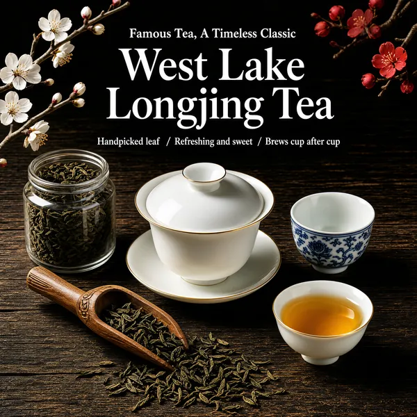 [Format]
Professional e-commerce product main image, square 1:1, classic tea-culture promo in dark rustic tones.

[Colors]
Background a weathered dark-wood table falling into deep shadow #1c150f, with white plum-blossom branches entering from the left and red plum accents upper-right; accents warm amber tea; No frame border.

[Layout]
An eyebrow line and a huge headline occupy the top centre with a sub-line beneath; the tea-ware group fills the lower two-thirds, a wooden scoop of leaves lying across the front.

[Subject]
A white porcelain gaiwan with a gold rim on its saucer, a blue-and-white patterned cup, a small bowl of golden tea, a glass jar filled with dark tea leaves, and a wooden scoop spilling leaves across the table; a gentle warm side light rakes across the wood grain leaving soft highlights on the porcelain rims, and plum blossoms frame the scene. No people.

[Headline]
Small letterspaced caps: "Famous Tea, A Timeless Classic". Then "West Lake Longjing Tea" in enormous white serif; beneath, "Handpicked leaf / Refreshing and sweet / Brews cup after cup" in white separated by slashes.

[Mood]
Refined, ceremonial and serene; a dark rustic still-life with scholarly serif typography and quiet, contemplative warmth.