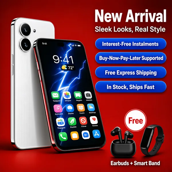 [Format]
Professional e-commerce product main image, square 1:1, bold flagship-phone promo style on a hot red ground.

[Colors]
Background is a saturated crimson red (#d0202a) deepening slightly toward the edges; the phones are silver-white and midnight black with vivid, colourful screens; four rounded cobalt-blue pills (#2e6fe0) carry white type; the headline is white with a lighter grey subline; gift graphics are black on red. No frame border.

[Layout]
Two overlapping smartphones fill the left half, the white one standing behind and the black one angled in front; the headline block sits in the upper right with four stacked pills running down beneath it; a gift strip with a small round chip, black wireless earbuds and a smart band occupies the lower-right corner.

[Subject]
No people. A silver-white smartphone with dual rear cameras standing upright behind a black-framed smartphone whose screen glows with a lightning-wallpaper lock screen showing the time and a weather chip, plus a dense grid of colourful app icons; chrome frames catch red edge reflections.

[Headline]
Upper-right in heavy white display type: "New Arrival"; a lighter grey line beneath: "Sleek Looks, Real Style". Four blue rounded pills in white caps: "Interest-Free Instalments", "Buy-Now-Pay-Later Supported", "Free Express Shipping", "In Stock, Ships Fast". Lower-right: a small red-outlined round chip reading "Free" above the black earbuds and smart band, captioned "Earbuds + Smart Band".

[Mood]
Punchy, festive and tech-forward; hot-red urgency wrapped around a glossy flagship duo.